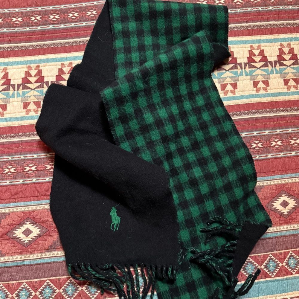 Polo Ralph Lauren Black and Green Plaid Wool Reversible scarf